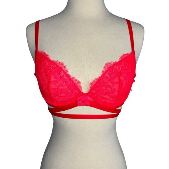 Vintage Y2K Victorias Secret Very Sexy Unlined Demi Red Lace Strappy Bra 34B - Picture 1 of 8